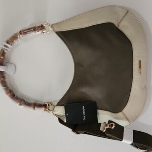 #676 Guy Laroche NWT cream/tan hobo leather/canvas w/bamboo handle & xbody strap